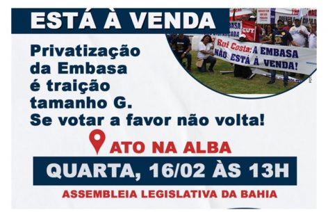 Trabalhadores protestam contra privatização da água e do saneamento básico na Bahia