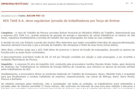 Após denúncia do Sindicato, AES Tietê é obrigada a regularizar jornada de trabalho